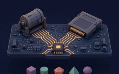 Isometric illustration of a mechanical reel drum and a game cartridge wired to the same circuit board