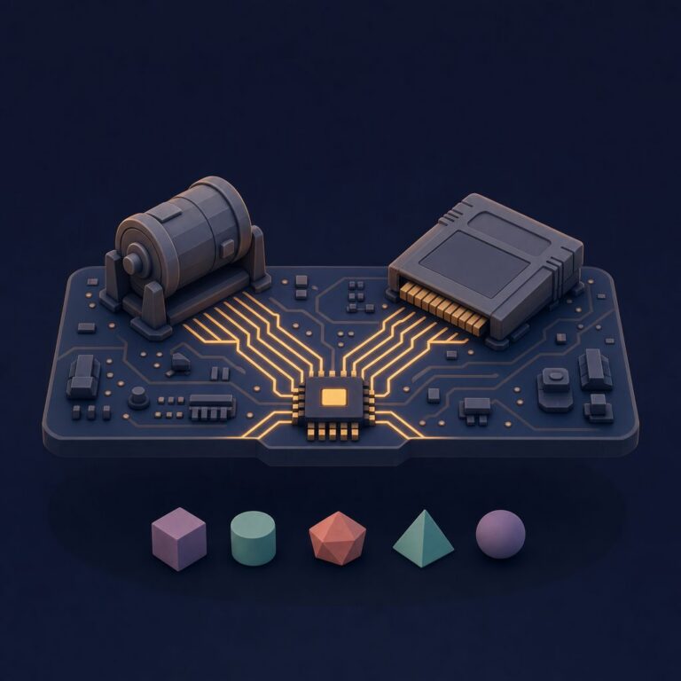 Isometric illustration of a mechanical reel drum and a game cartridge wired to the same circuit board