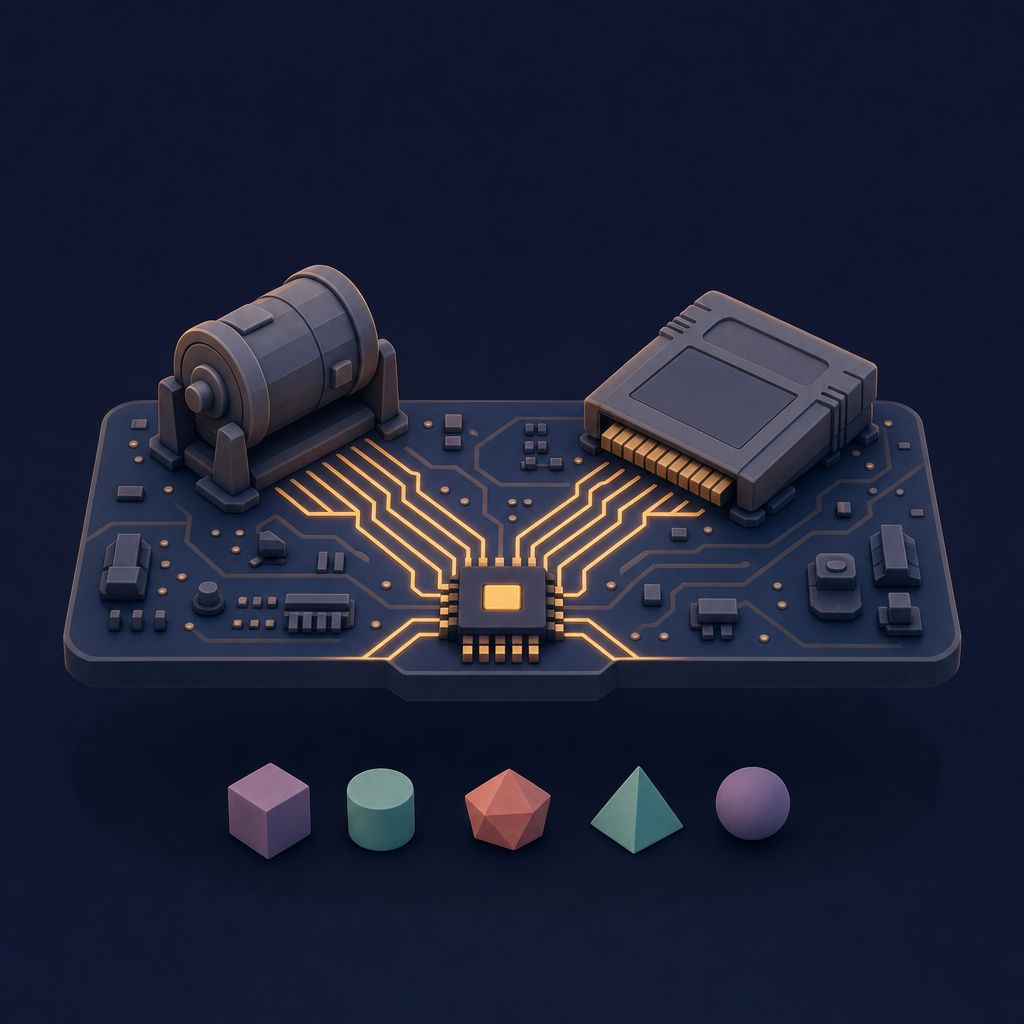 Isometric illustration of a mechanical reel drum and a game cartridge wired to the same circuit board