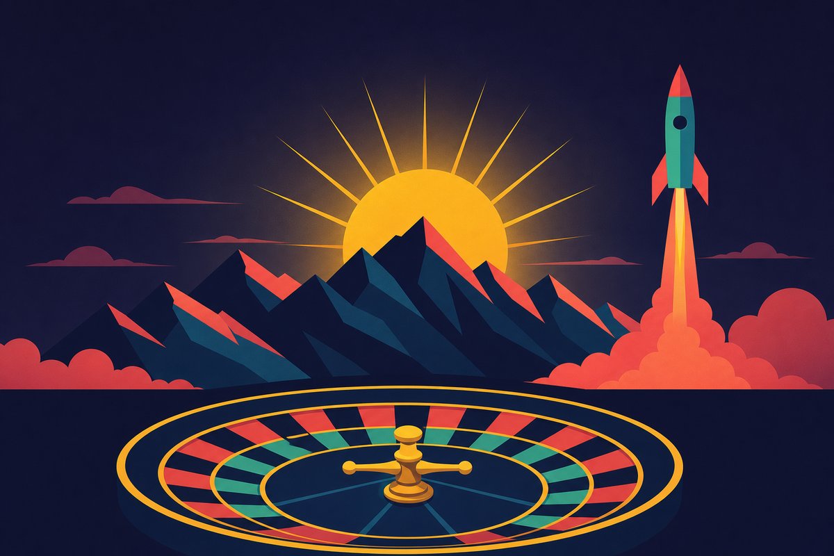 Illustration: Rocky Mountains at sunrise with a roulette wheel in the foreground