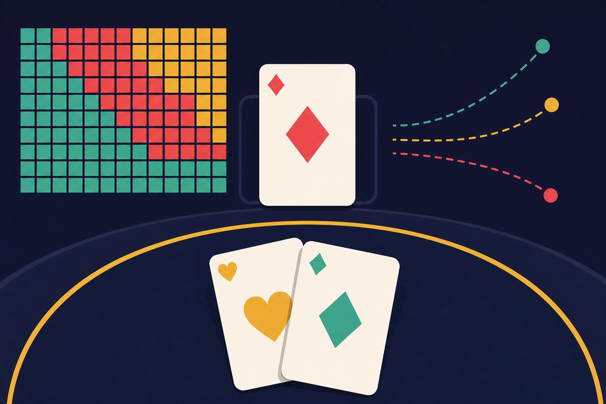 Illustration: A blackjack hand of two cards facing a dealer's single card