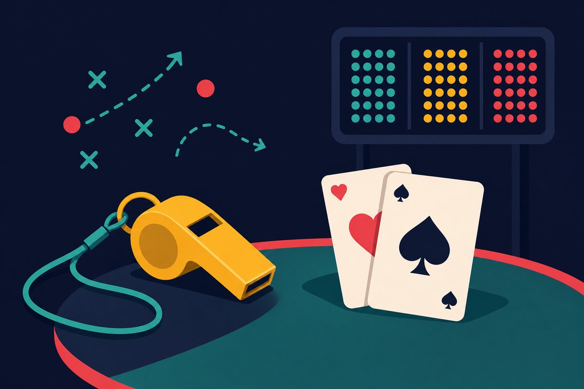 Illustration: A trainer's whistle beside a blackjack hand and a scoreboard