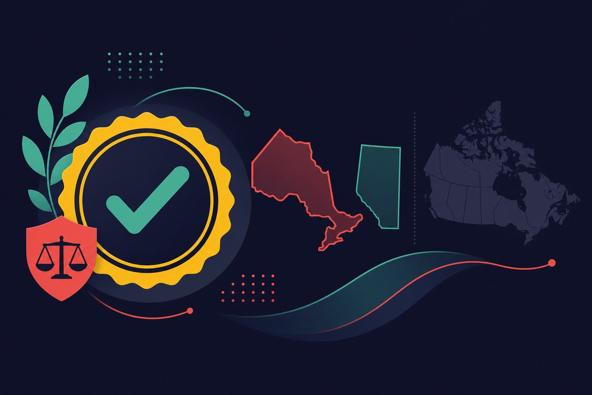 Illustration: a regulator seal beside outlines of Ontario, Alberta and the rest of Canada