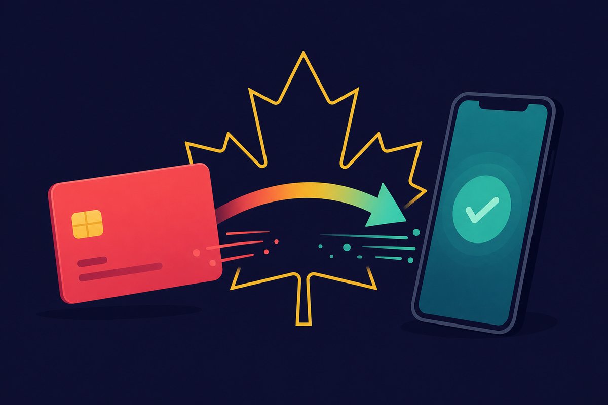 Illustration: a bank card and a phone exchanging an instant transfer above a maple leaf