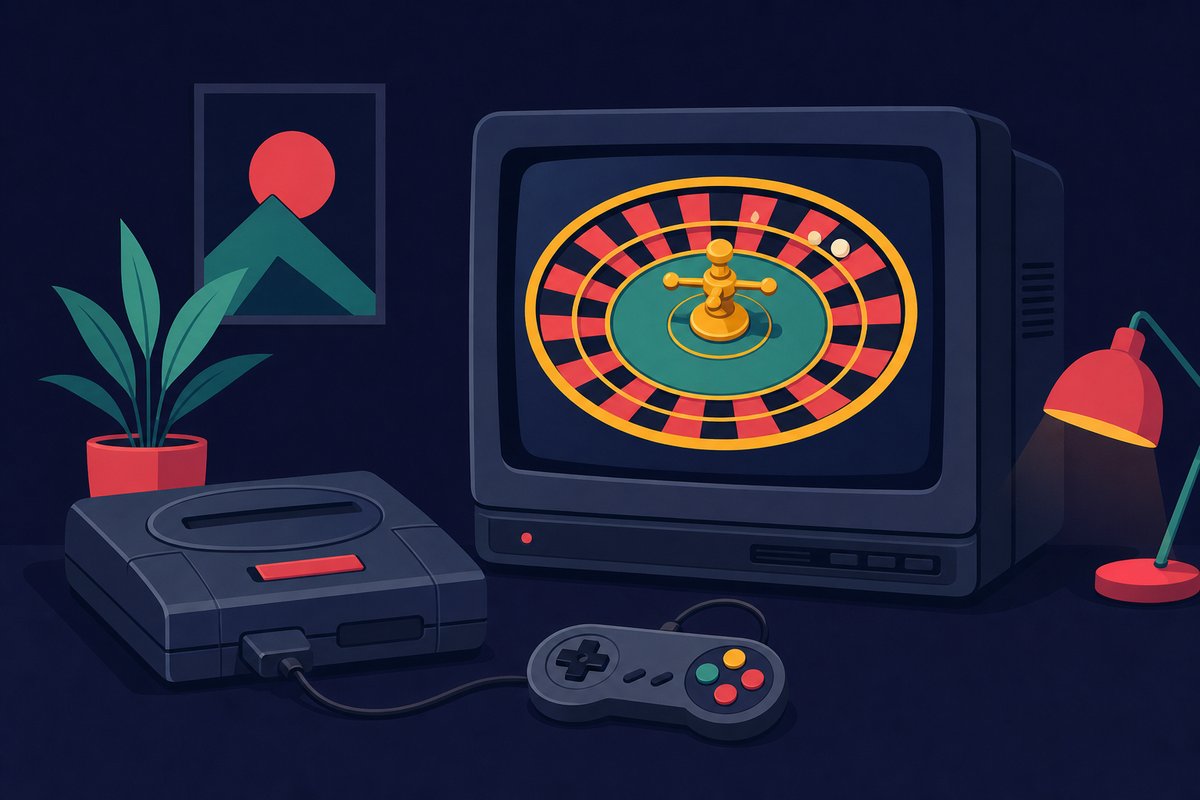 Illustration: A retro 16-bit game console plugged into a CRT television showing a roulette wheel on screen