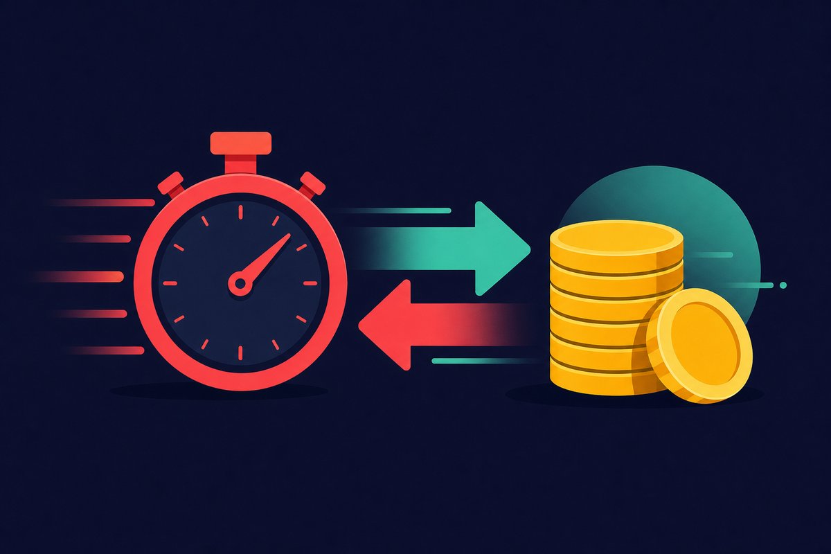 Illustration: A stopwatch beside a bank-transfer arrow and a stack of chips