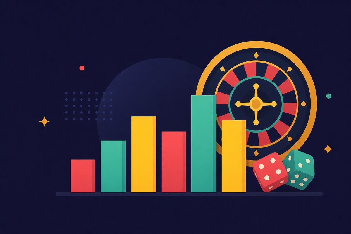 Illustration: A row of bars of different heights in front of a roulette wheel and dice