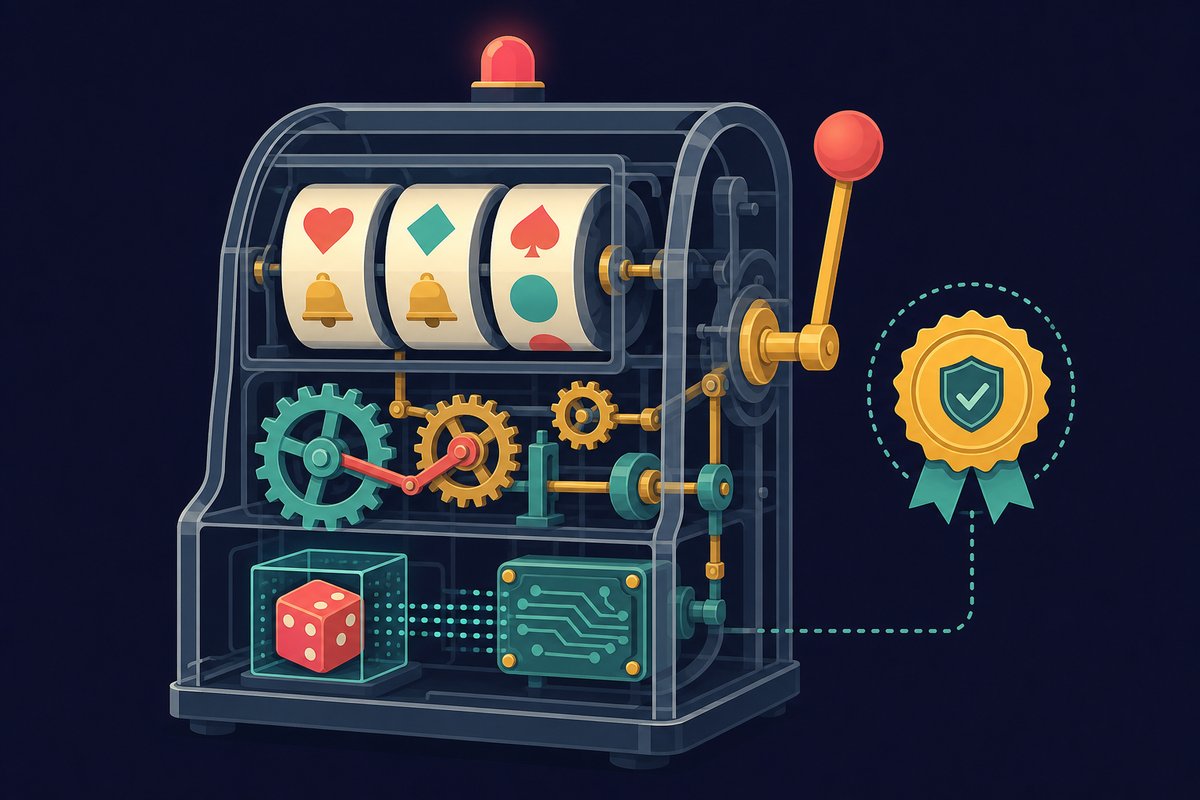 Illustration: A transparent cutaway of a slot machine showing gears
