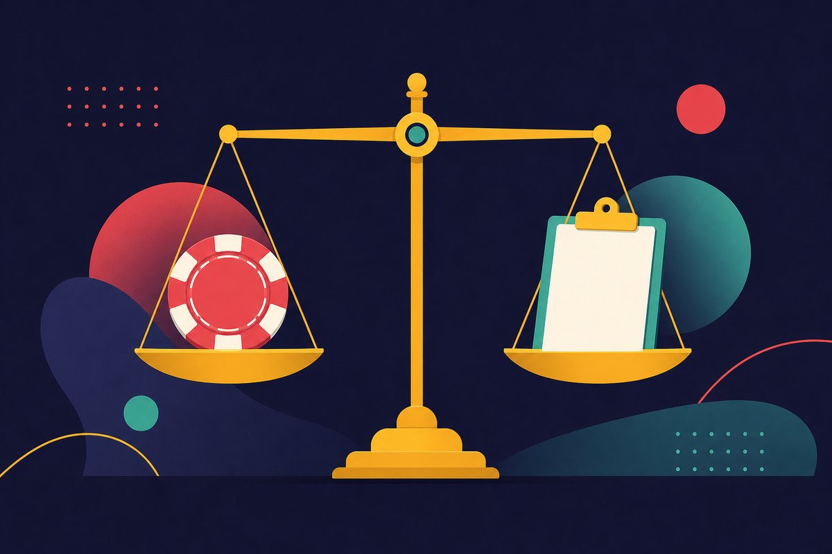 Illustration: A balance scale weighing a casino chip against a checklist clipboard