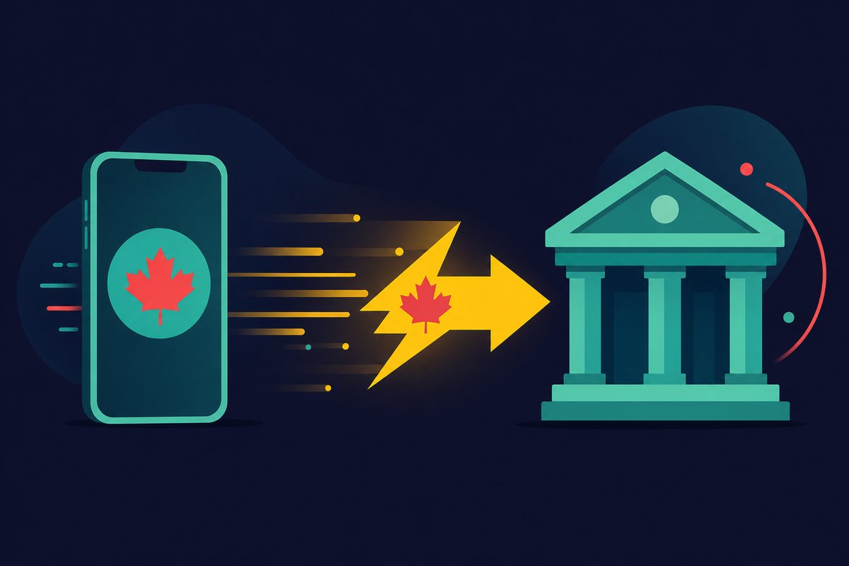 Illustration: A smartphone and a bank building connected by a lightning-fast arrow with a maple leaf