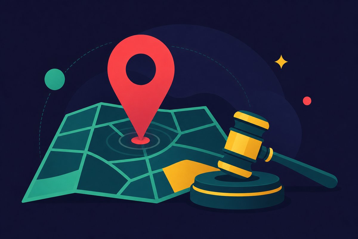 Illustration: A map pin dropping onto a stylised map with a gavel icon beside it