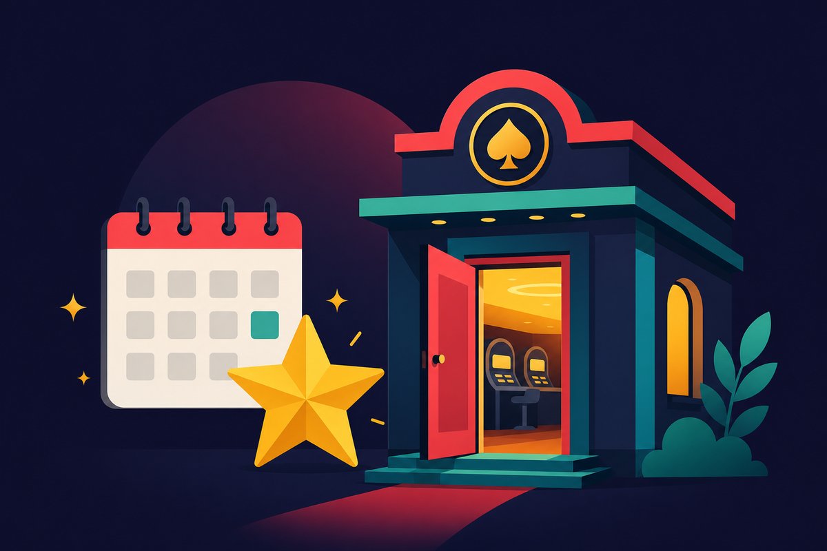 Illustration: A calendar page with a star beside a freshly opened door of a small casino building