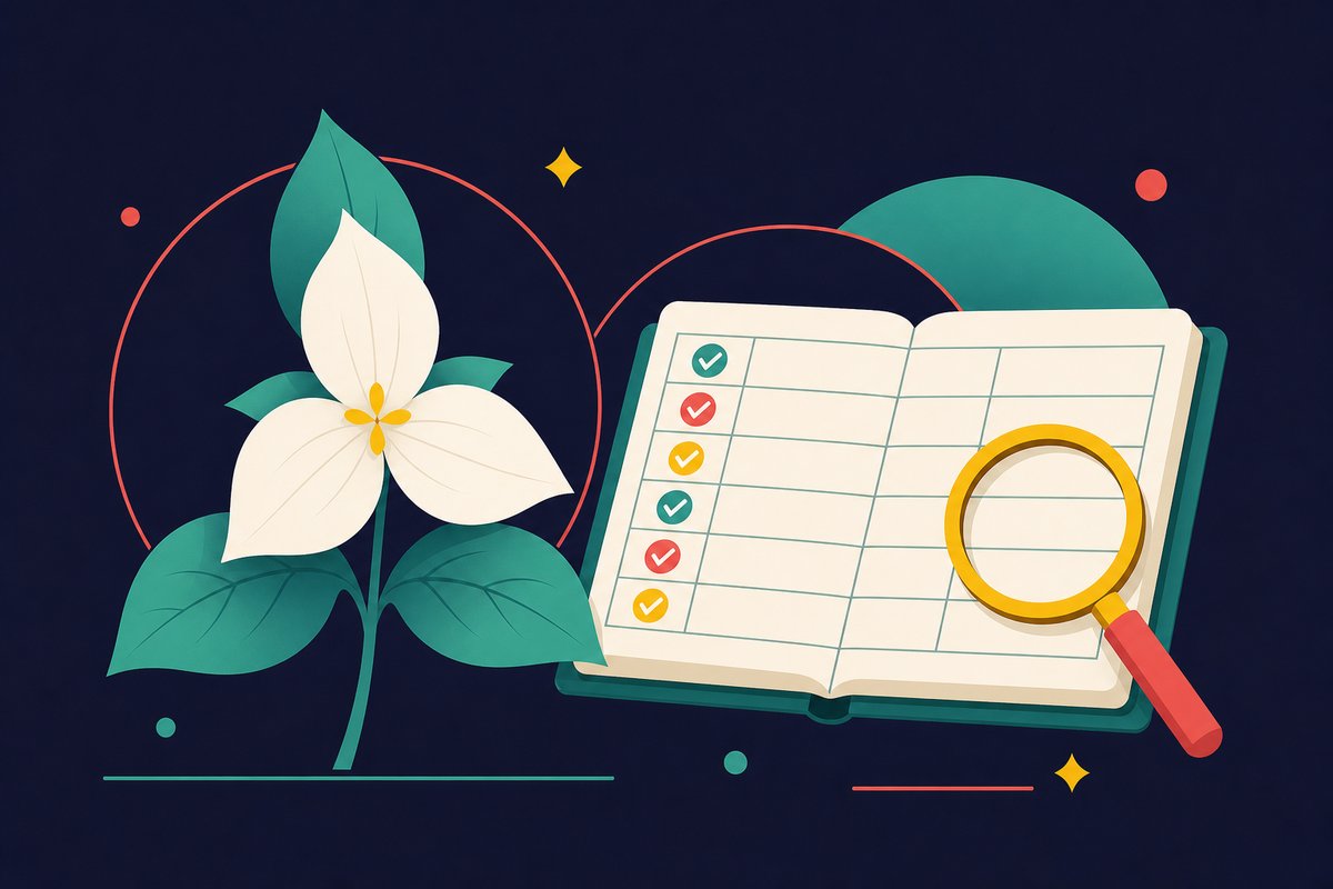 Illustration: a trillium beside a register of checkmarks and a magnifying glass