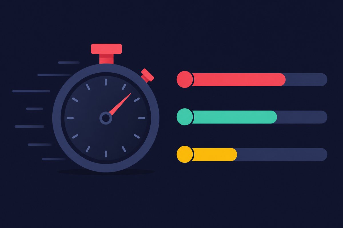Illustration: Three horizontal progress bars of different lengths beside a stopwatch
