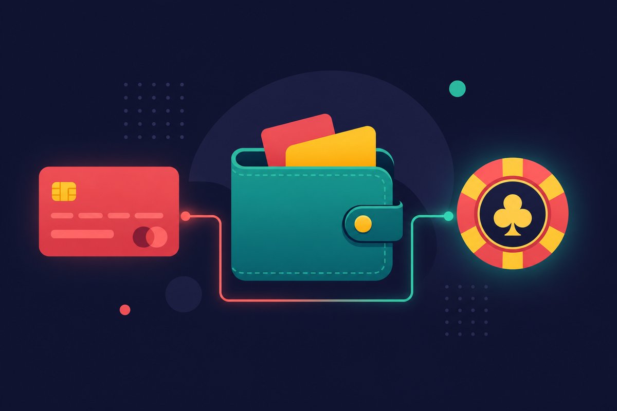 Illustration: A digital wallet icon linking a bank card to a casino chip