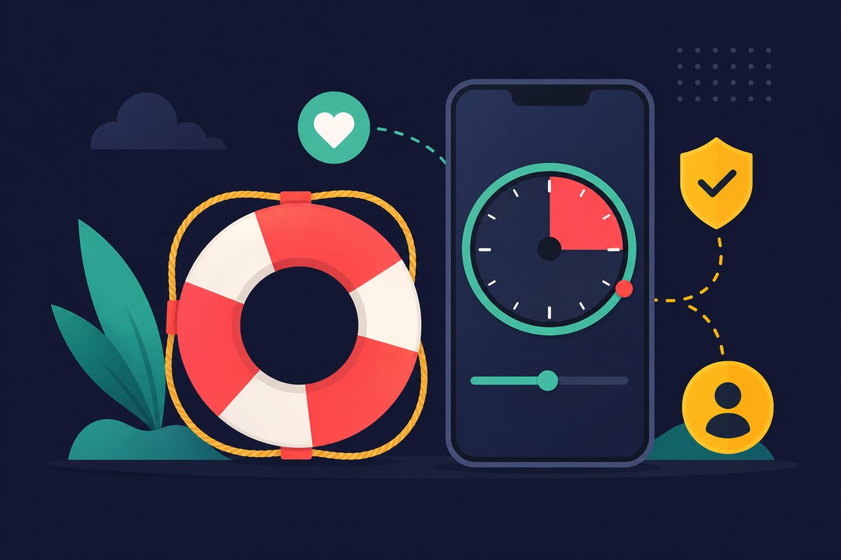 Illustration: A lifebuoy ring beside a smartphone showing a time limit dial