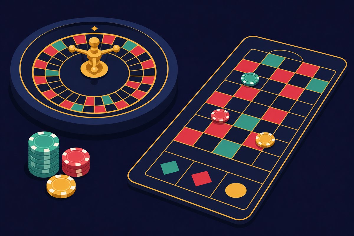 Illustration: A roulette wheel and a betting layout grid with a few chips placed on the numbers