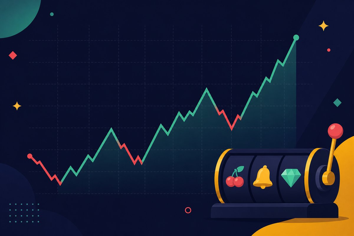 Illustration: A bankroll line graph zigzagging across a dark grid with a slot reel in the corner