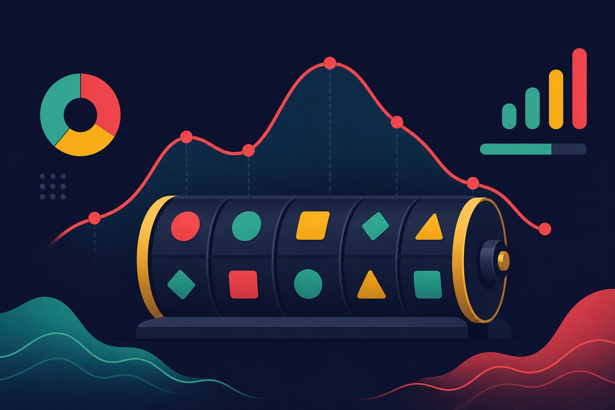 Illustration: A line chart wave rising and falling over a slot reel