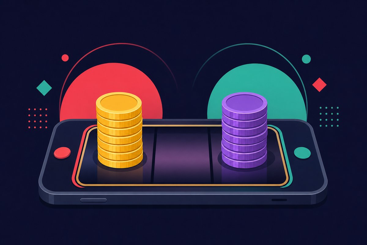 Illustration: gold and violet coin stacks on a phone showing slot reels