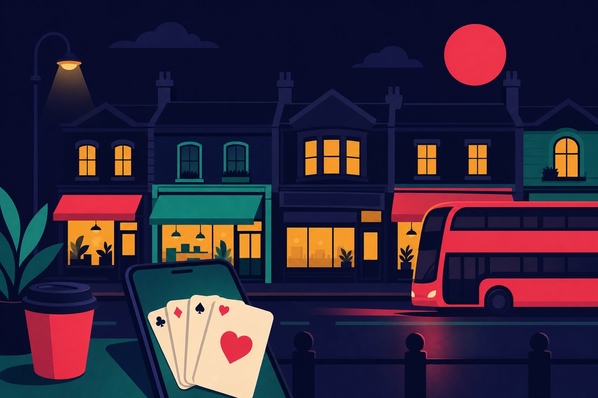 Illustration: British high-street shopfronts with a phone showing playing cards