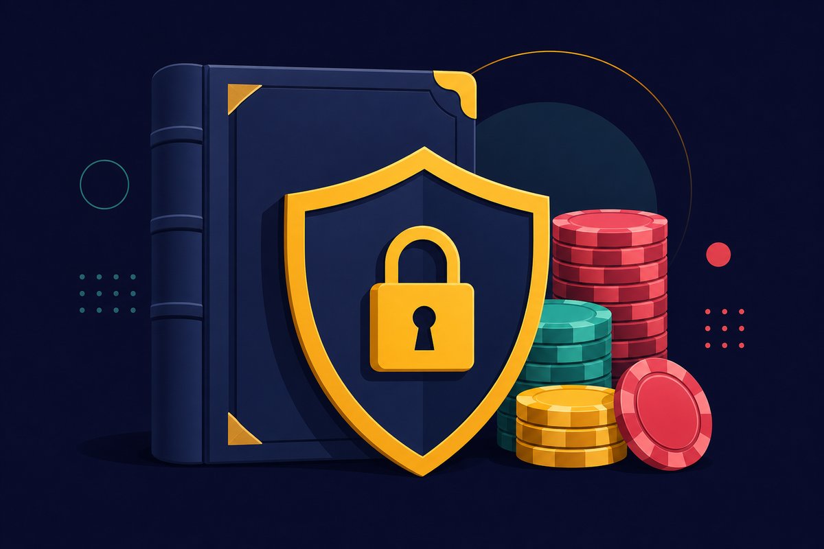 Illustration: a shield with a padlock in front of a ledger and chips