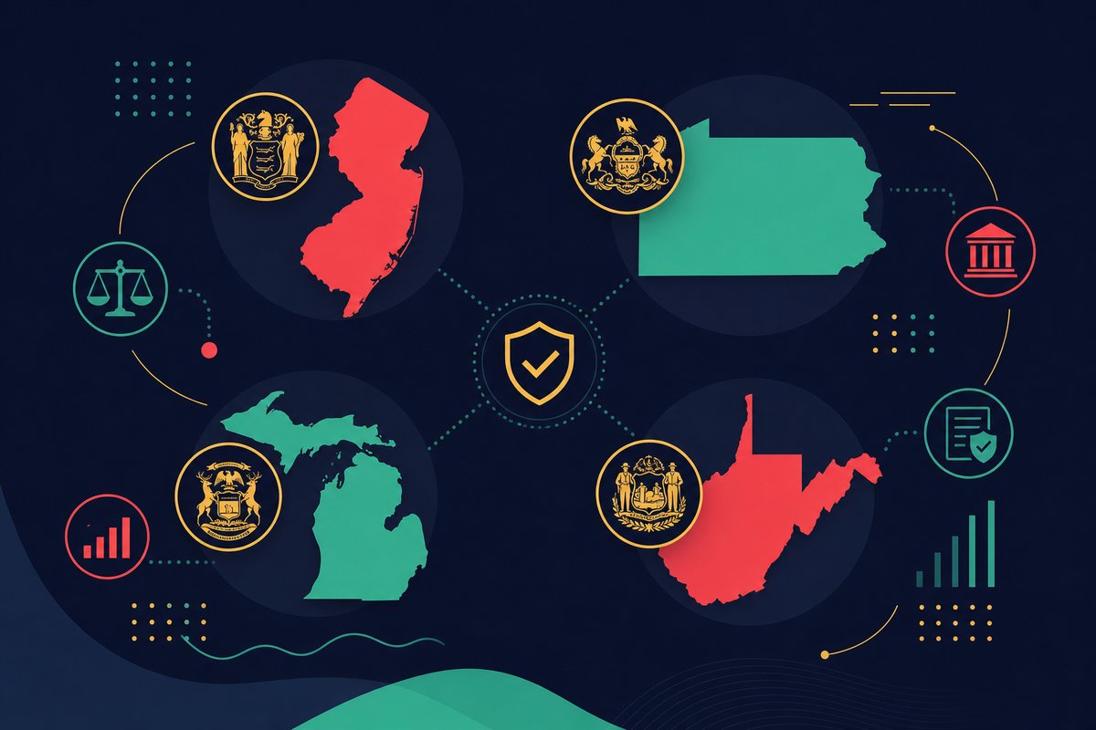 Illustration: outlines of New Jersey, Pennsylvania, Michigan and West Virginia with seals