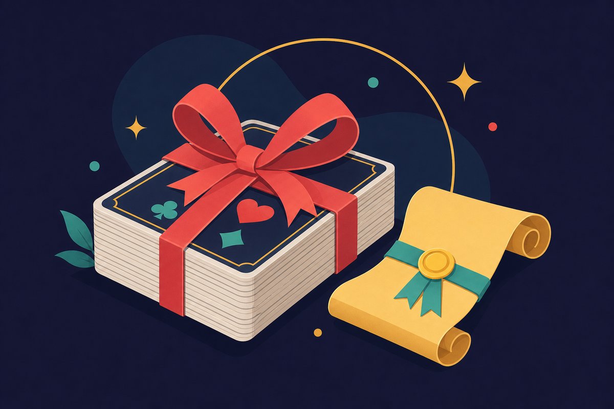 Illustration: A gift ribbon around a stack of playing cards with a small terms scroll beside it